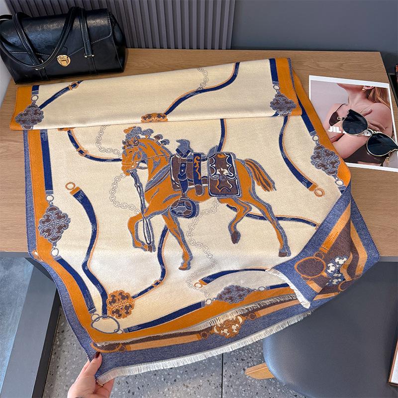Autumn and winter new horse picture jacquard contrasting color double-sided imitation cashmere scarf personalized advanced soft breathable warm