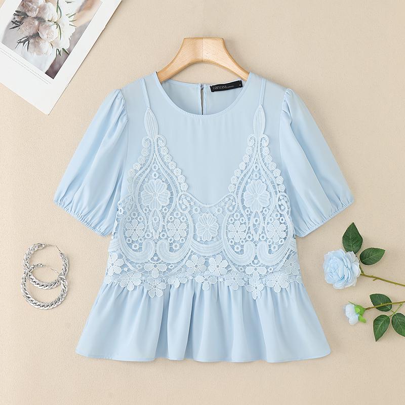 ZANZEA Women Casual Round Neck Crochet Patchwork Summer Short Sleeve T-Shirts