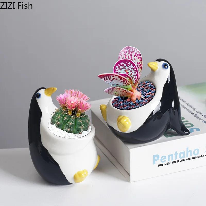 Painted Cartoon Penguin Ceramic Vase Small Plant Pots Table Decoration Flowers Arrangement Flower Vase Room Aesthetic Decor