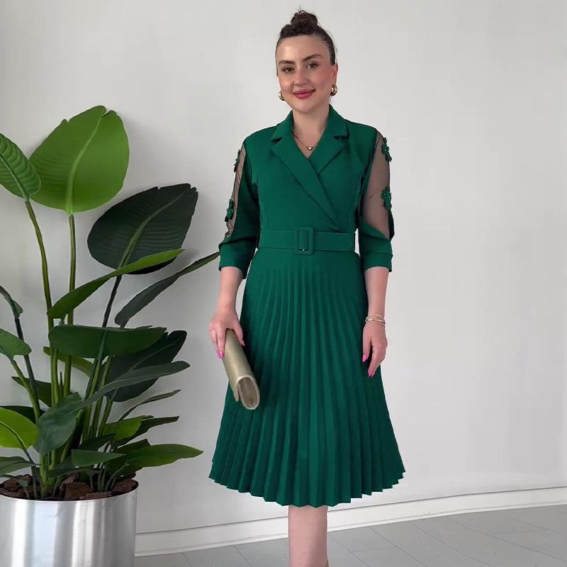 2024 Summer Women's Solid Color Mesh-Paneled Pleated Dress