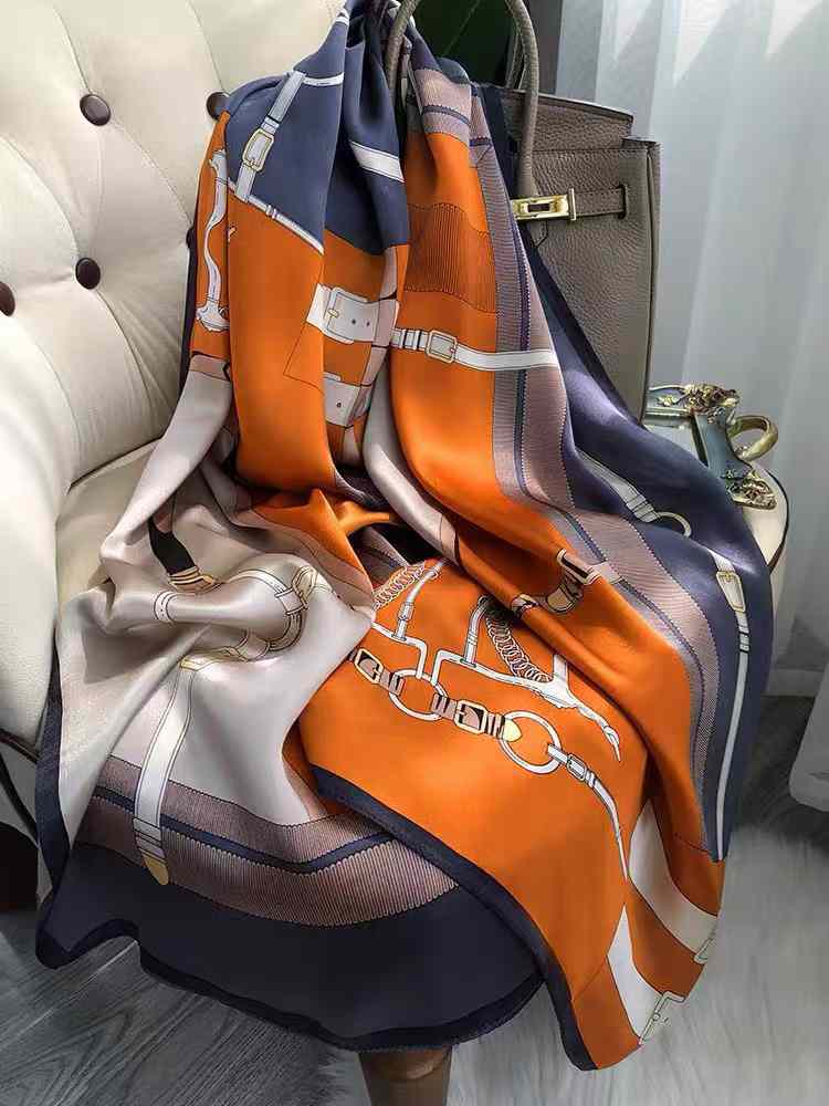 [BYSIFA] Fashion New Orange Grey Scarves Women Elegant New 100% Silk Scarf Shawl Printed Fall Winter Ladies Brand Scarves Wraps