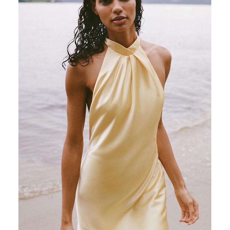 Summer New Product Women clothes French style Design Silk Satin Texture Neck Collar Midi Dress 3592399