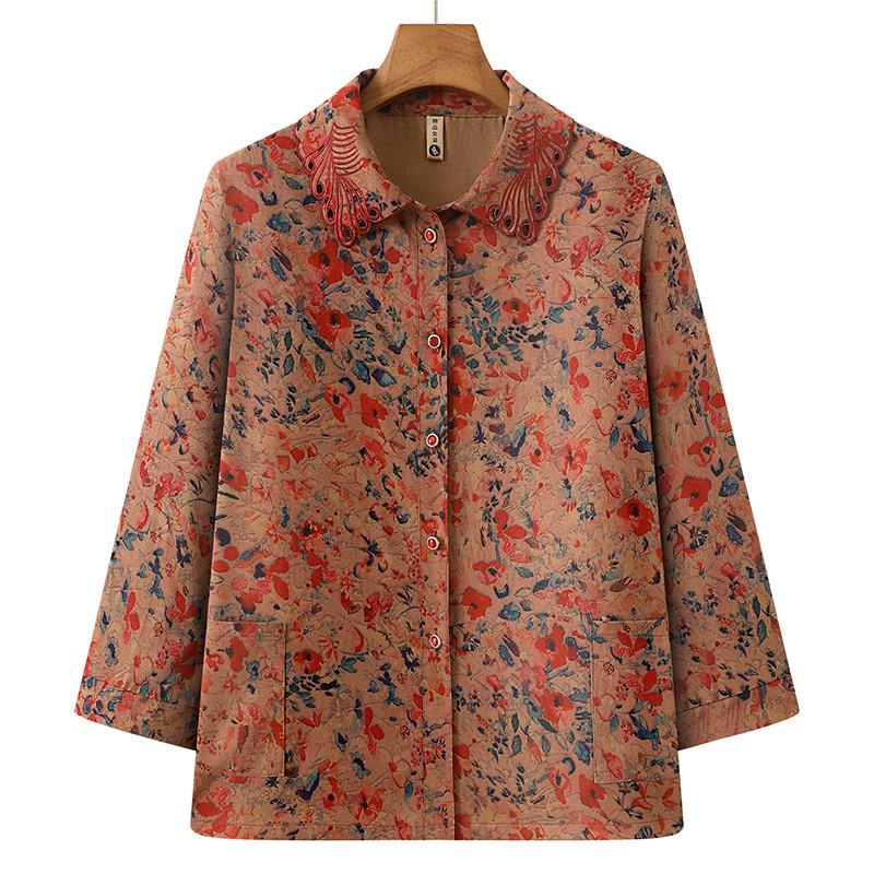 

Spring 2026 Elegant Printed Shirt for Women - Stylish Top for Middle-Aged and Elderly Ladies 4XL - for 135-150 lbs красный