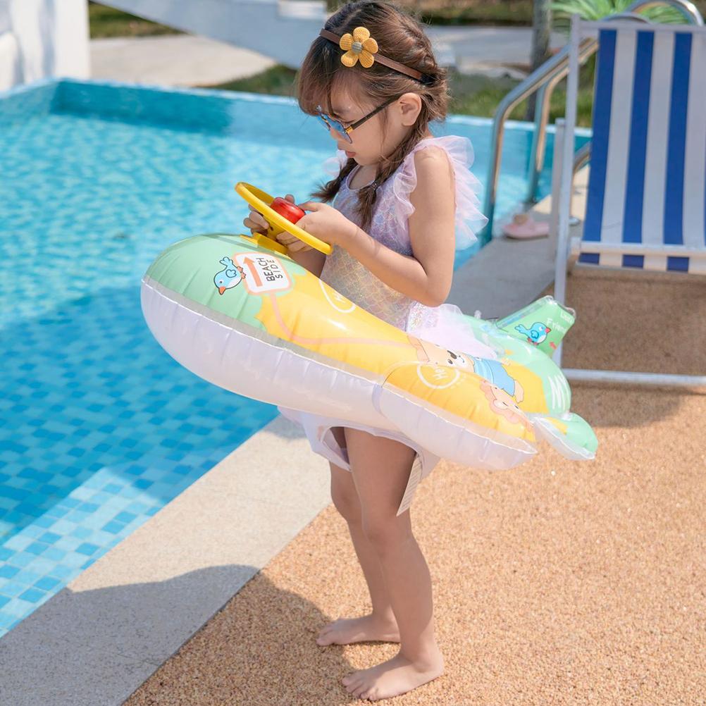 Baby Pool Float with Safety Seat Steering Wheel Cartoon Airplane Shaped Inflatable Swimming Ring for Kids Pool Swim