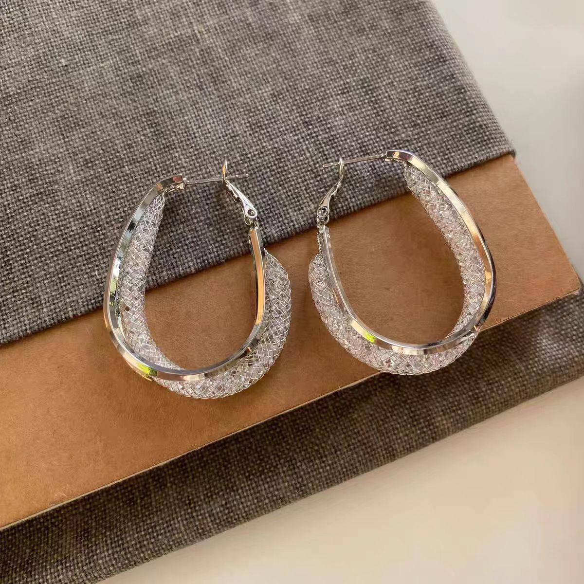 Модные полые сетчатые серьги-кольца с кристаллами, серьги в стиле легкой роскоши серебряный