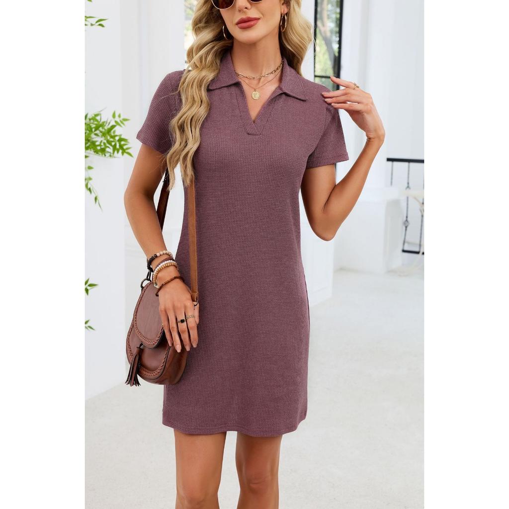 Spring Summer New Women's Solid Color Lapel Loose Short Sleeve T-shirt Dress For Amazon Europe America Cross-border Trade