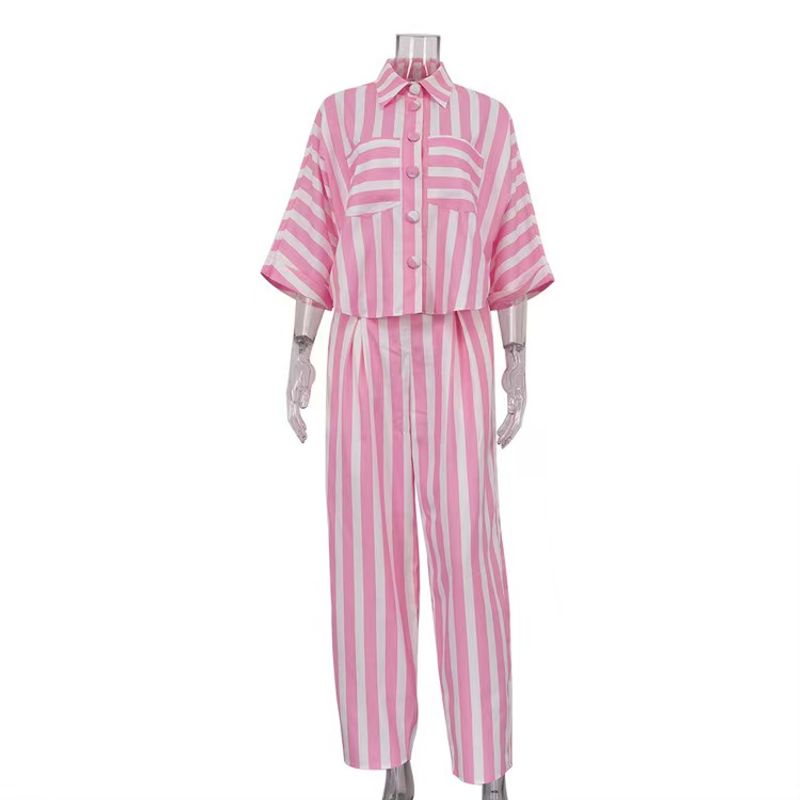 

Western Style Loose Stripe Short sleeve Top Wide Leg Pants Set Striped Shirt and Pants Set Pink L