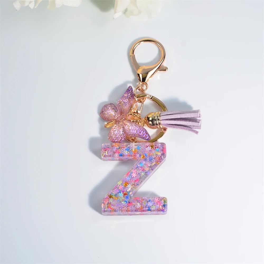 Glittering A-Z Keychain for Women & Girls - Sparkling Butterfly Tassel Charm with Rhinestones, Elegant Purse Car Key Ring Gift 55mm