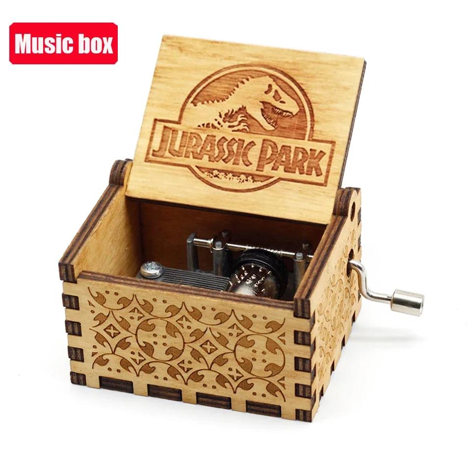 **Hot Antique carved Wooden Hand Crank Jurassic Park Music Box Action Toy Figure Anime Model Christmas Birthday Gift