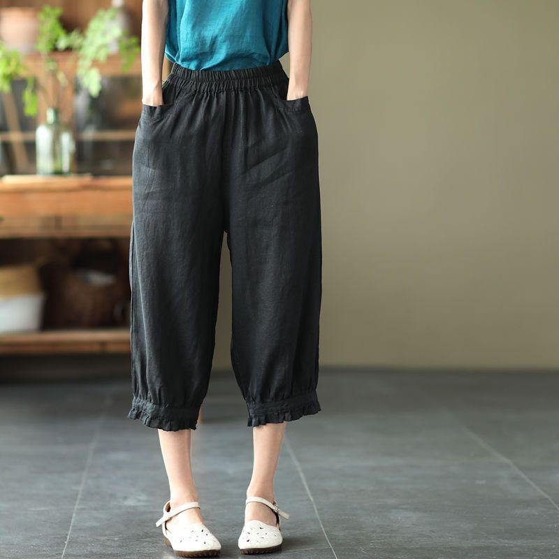 Summer New Retro Pleated Cropped Pants with Lace Casual Pants for Women Cotton and Linen Harem Pants Versatile and Solid Color