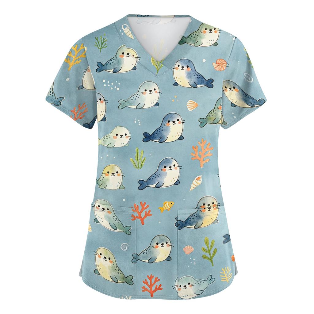 Women's V Neck Short Sleeve Work Top with Pockets Animal Print Professional Uniform Shirt for Healthcare Nursing Staff
