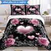 3PCS Pink Roses And Hearts Bedding Set,Including 1pc Duvet Cover And 2pcs Pillowcases Perfect for Bedroom, Dormitory, Fan Christmas Gift