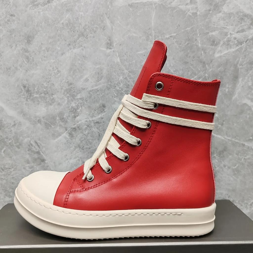 Top quality thick bottom ow-ens Classic Red Ribbon High-top Shoes Top Leather Boots Harajuku Wind High Street Couple Shoes