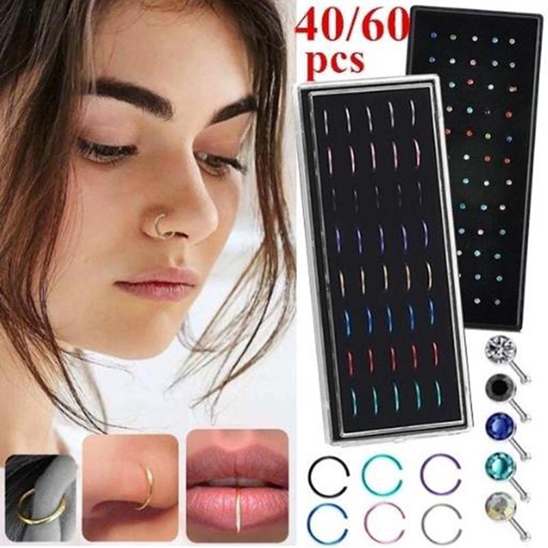 40/60Pcs Women Nose Piercing Ring Steel Silver Surgical Hoop Cartilage Stud