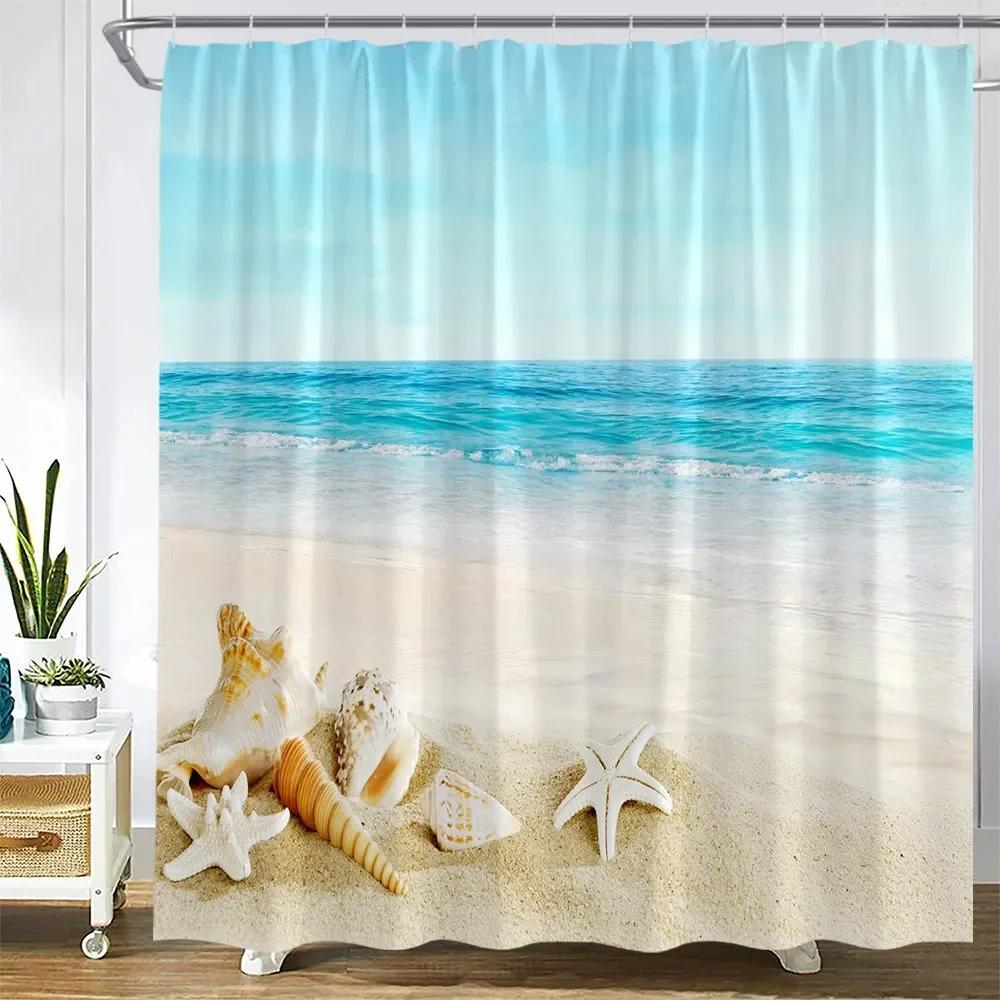 Dusk Sunset Beach Shower Curtains Tropical Ocean Palm Tree Forest Waterfall Nature Scenery Cloth Home Decor Bathroom Curtain Set