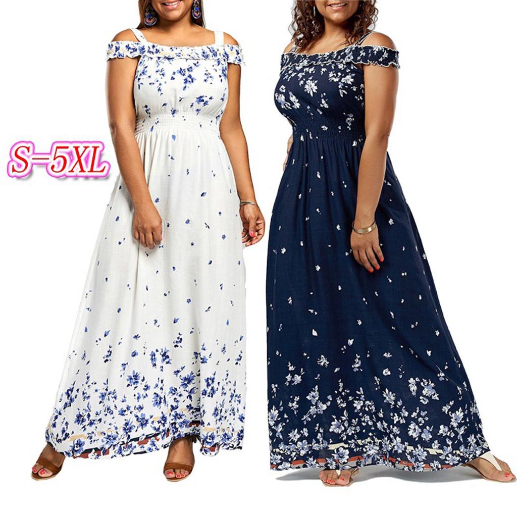 

Womens Fashion Plus Size Bohemian Print Neck High Waist Dress XXL синий