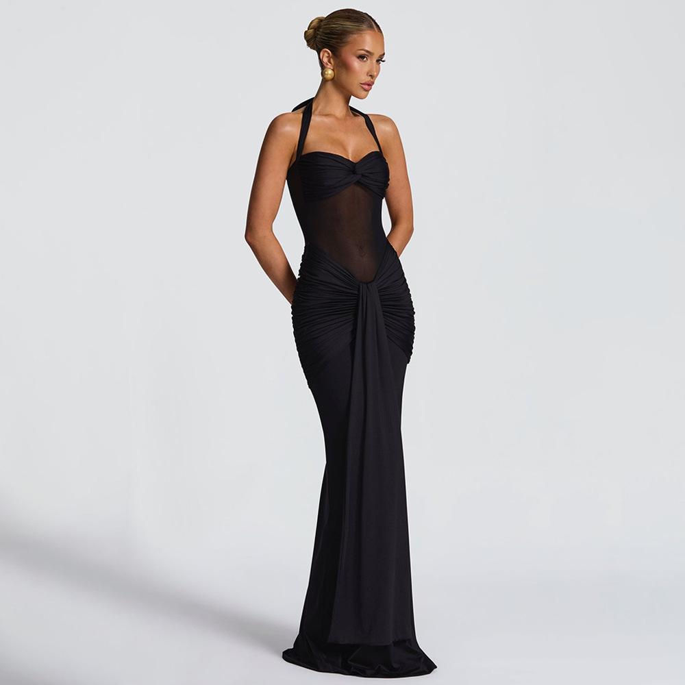 Mesh Patchwork Lace-Up Long Dress