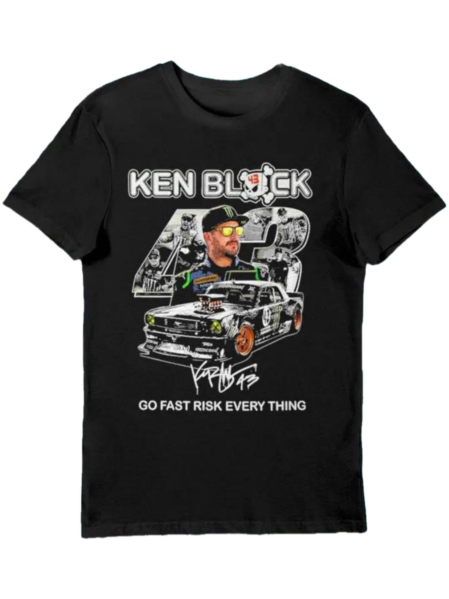 Men s Ken Block Racing Logo& Iconic Racing Number 43 T-Shirt- Go Fast Risk Everything Slogan with Rally Car& Racing Design- Motorsports Fan Apparel S