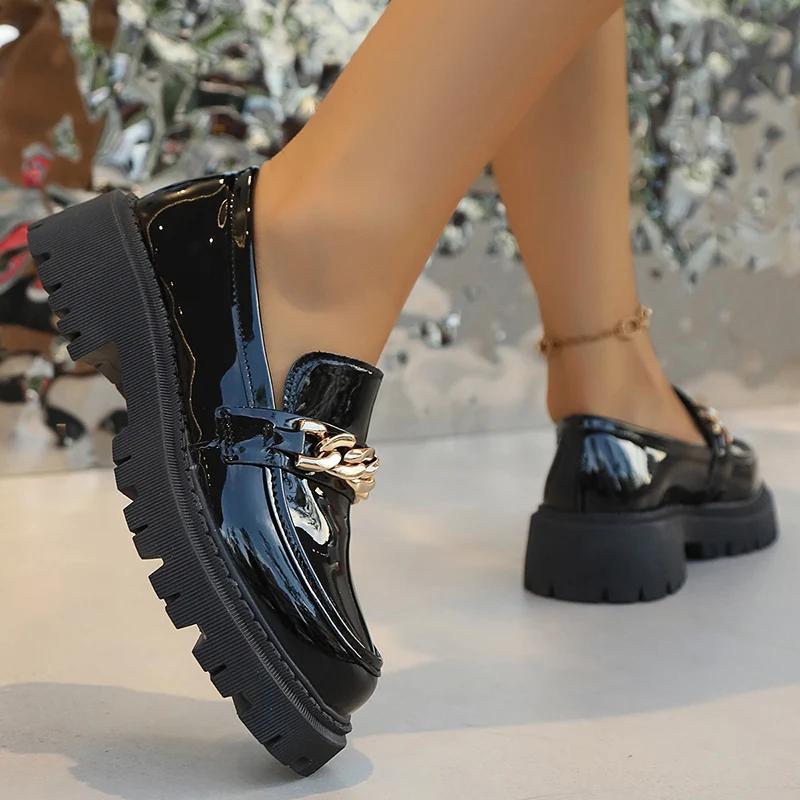 Fashion New Black Round Toe Loafers Women Spring Autumn Thick Sole Med Heel Pumps Ladies Comfortable and Elegant Woman's Plat Shoes