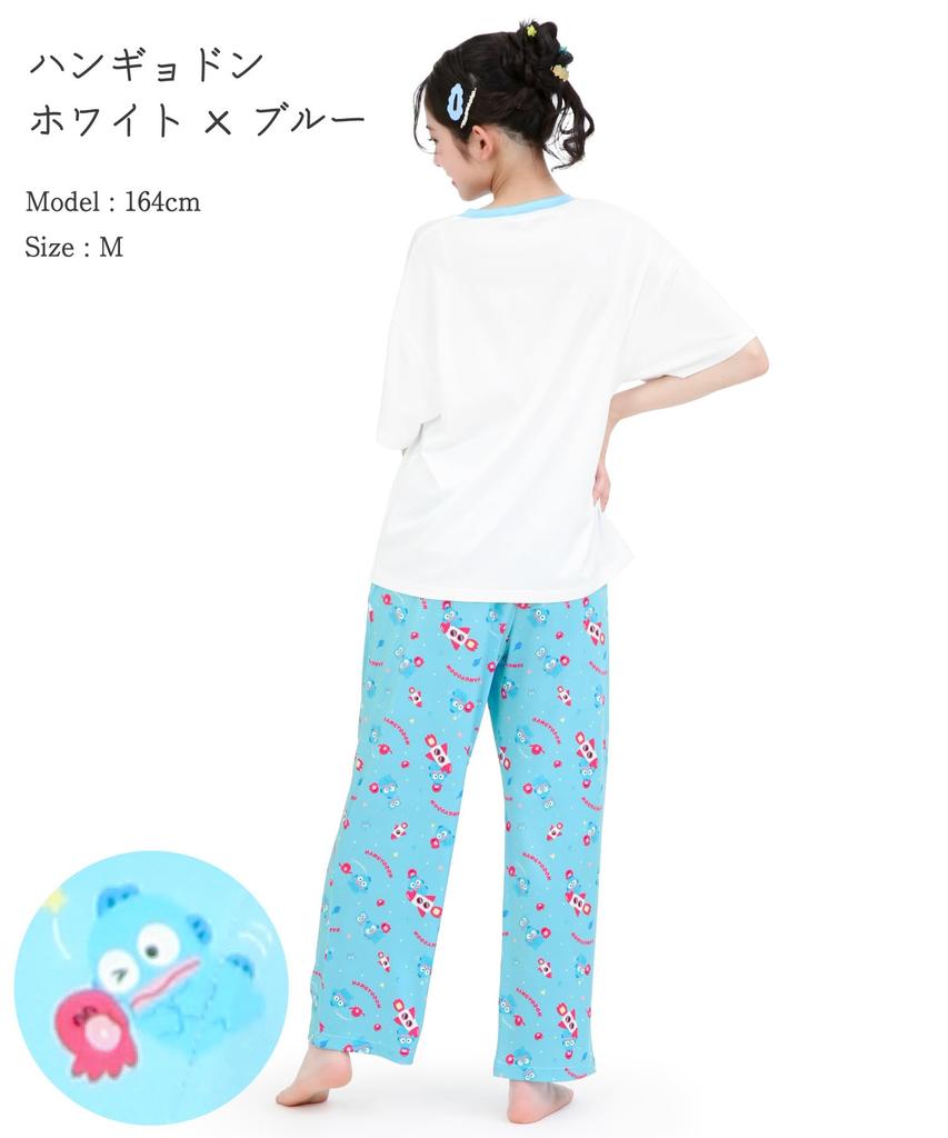 SAZAC Cosmic Hangyodon Pyjama Powder Stretch Kurzarm und Lange Hose Loungewear x Set, Stoff, Damen Set, (Weiß Blau/M/SAN1954)
