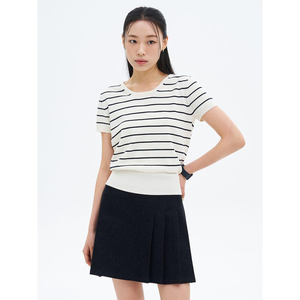8SECONDS Ribbed Hem Striped Short Sleeve Pullover Ivory