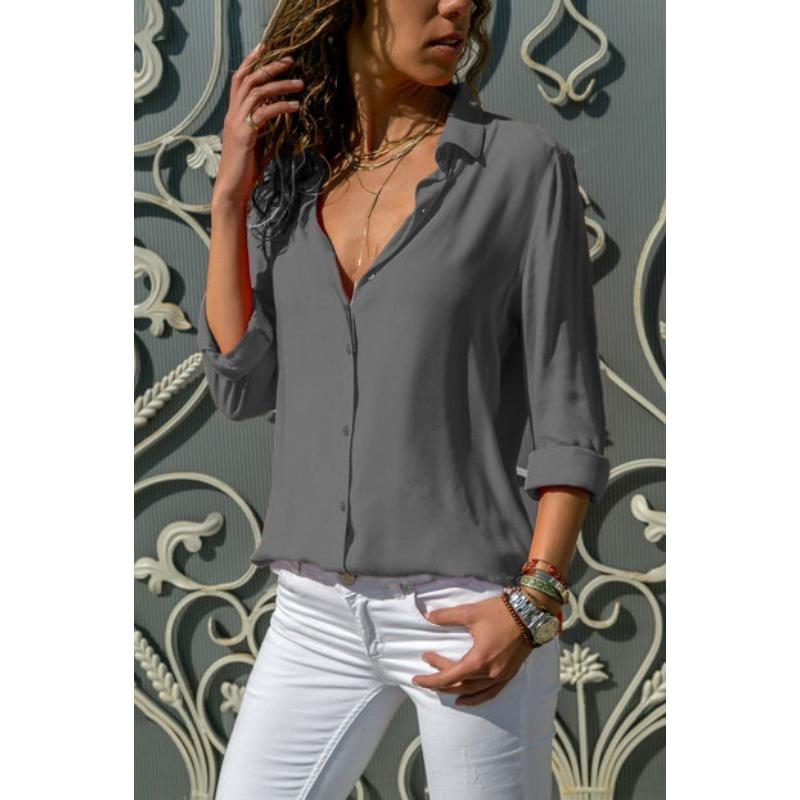 Women's Spring Autumn Chiffon Blouse Long Sleeve Deep V Neck Button Down Solid Color Casual Office Plus Size Shirt for Ladies