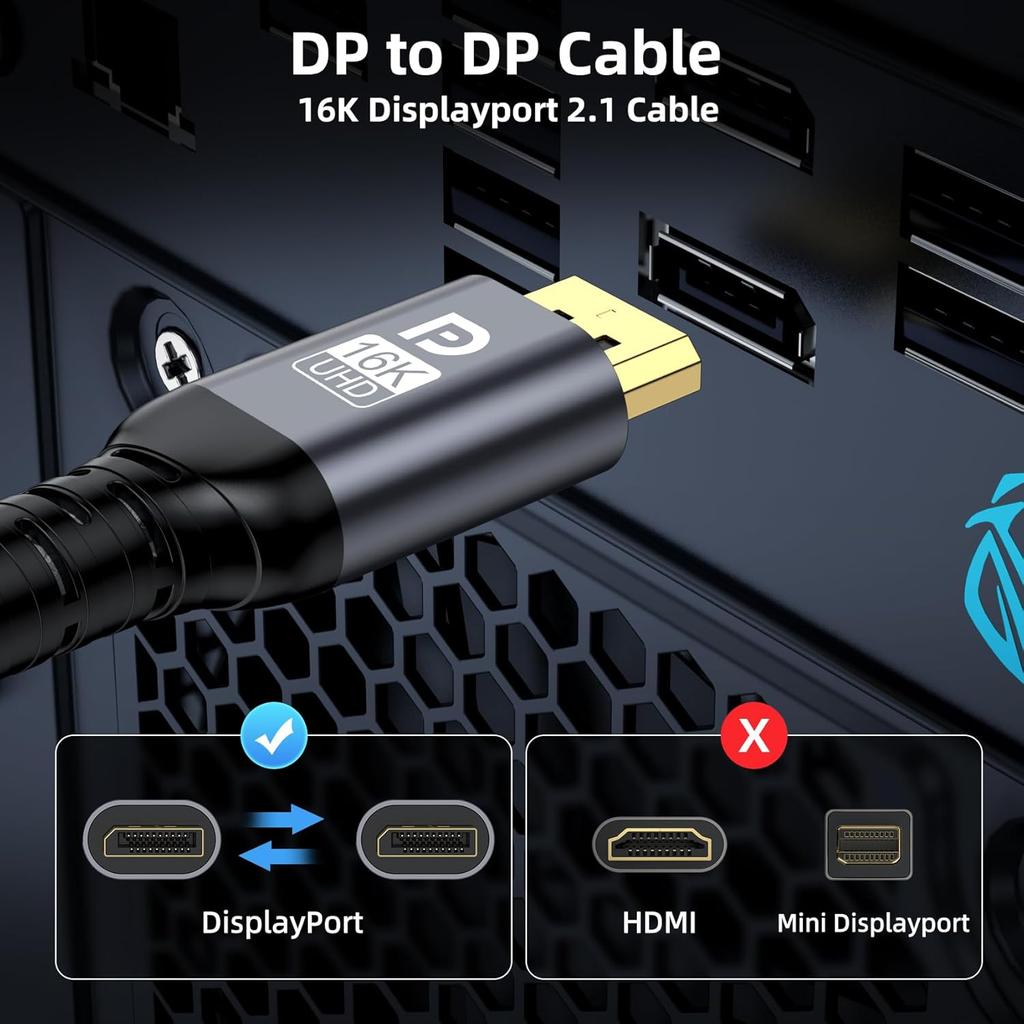 HD Video Cable 2.1 DisplayPort Braided Cable DP To DP 80Gbps Maximum Support 16K@60hz Suitable for High-brush Laptops Graphics Card Display Projector