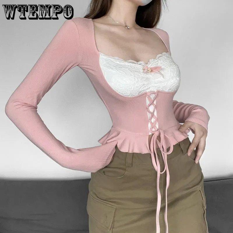 WTEMPO Rosa Patchwork Strickoberteile Kawaii Schnürbandage Rüschen T-Shirt Japanischer Stil Y2K Lolita Casual Basic Tees