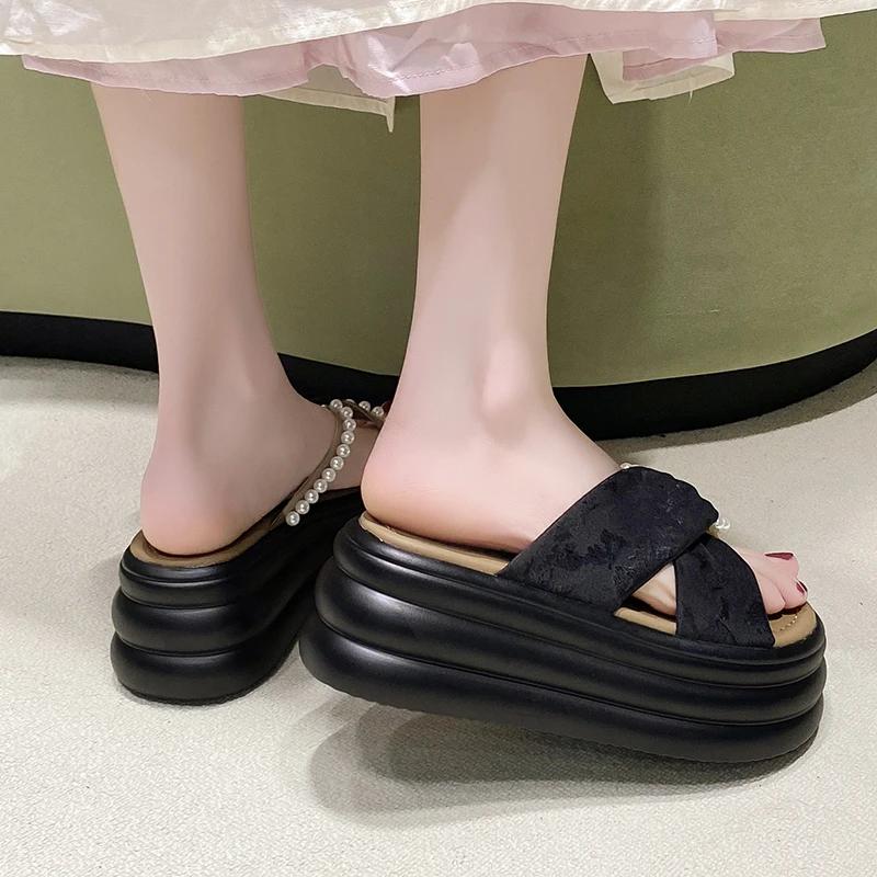 8CM NEW Heels Wedge Slides Sandals Women Casual Outdoor Slippers Female Summer Non Slip Beach Slipper Walking Chunky Shoes Woman