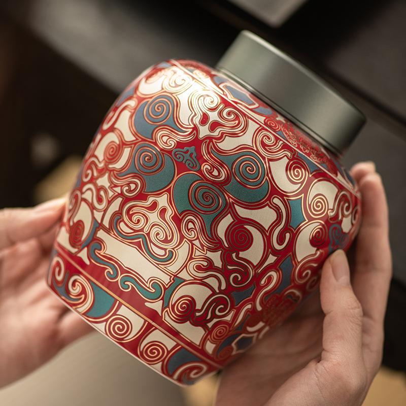 Taotie Ceramic Tea Can with Gold & Silver Inlay - Double-Metal Lid & Sealed Storage, Retro Chinese Design