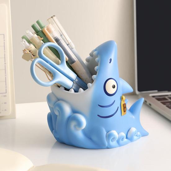Shark Shape Pen Holder Stable Non-Slip Design Storage Box Large Capacity Stationery Makeup Brush Toothbrush Organizer