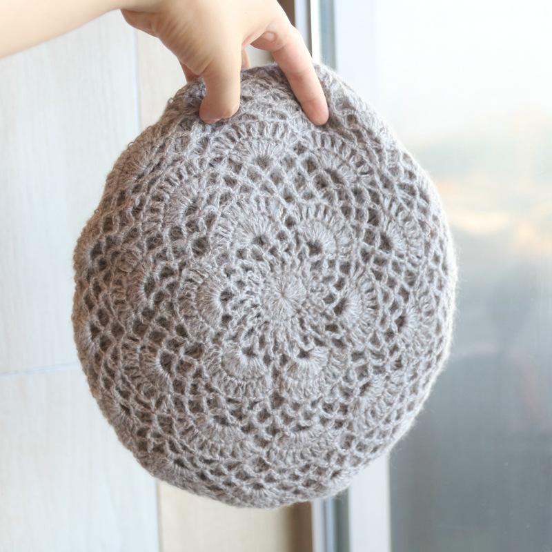 Double Layered Mohair Hollow Hook Flower Beret With Elegant Temperament For Ladies, Warm Autumn And Winter Hand Hook Artist Hat