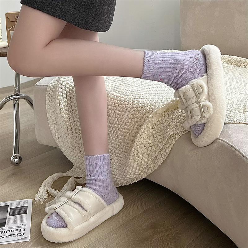

Autumn and Winter Wool Dot Yarn Socks, Women s Mid-calf Socks, Thickened Warm Vertical Striped Pile Socks, Home Sleep Socks 1 pair світло-фіолетового кольору