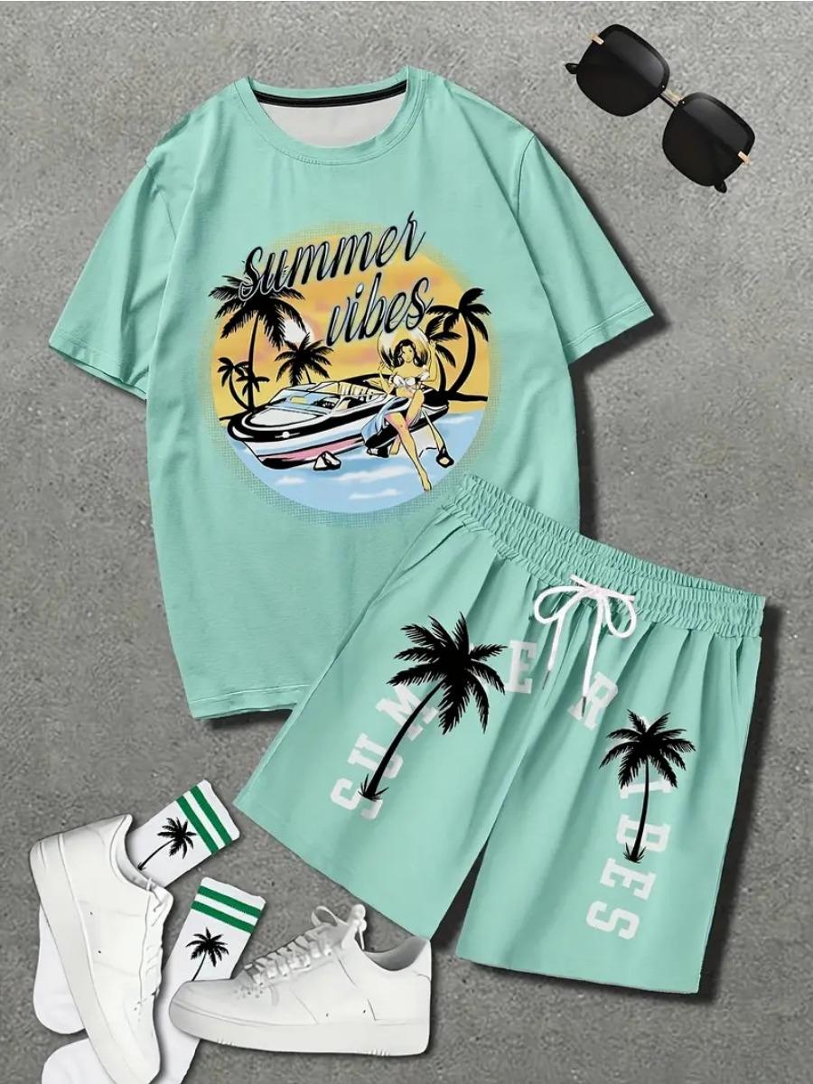 

Летний мужской костюм с принтом кокосовой пальмы 3D, уличный стиль Харадзюку, футболка с короткими рукавами + шорты, мужской костюм с шортами больших размеров 6XL