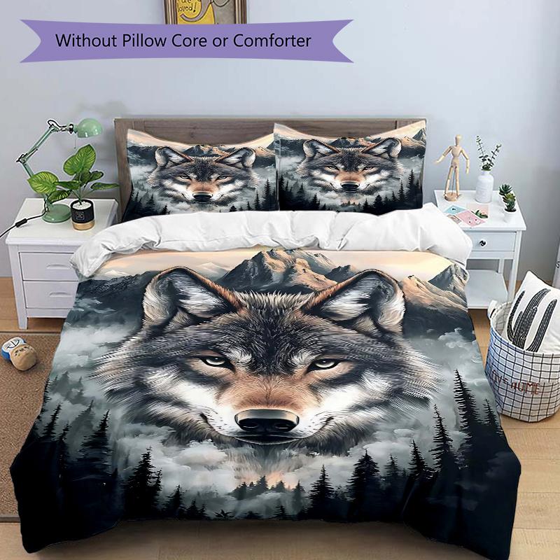 3pcs Wolf s Majesty Printed Duvet Cover Set (1 * Cover+2 * Pillowcase, Without Core), Home Bedroom, Guest Room, Dormitory Decoration Items 135x200cm