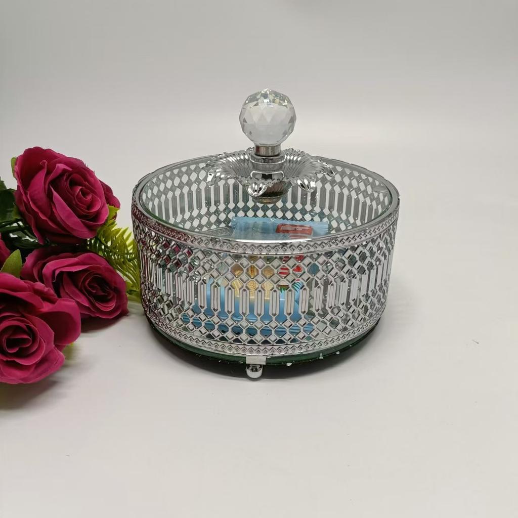 Nordic light luxury iron art round stripe mirror fruit plate with cover