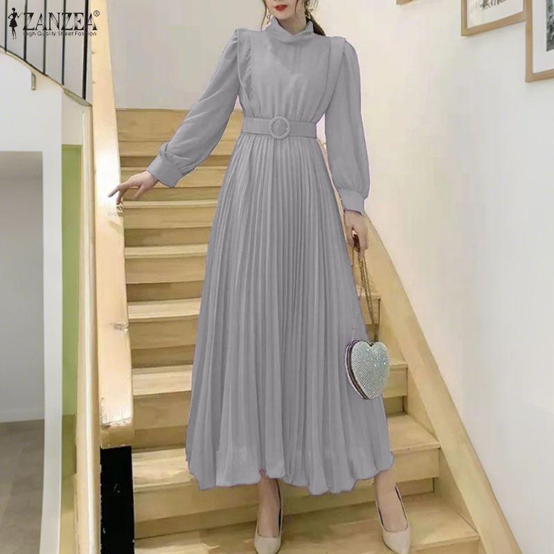 ZANZEA Lässiges, lockeres Langarmkleid für Damen mit Stehkragen