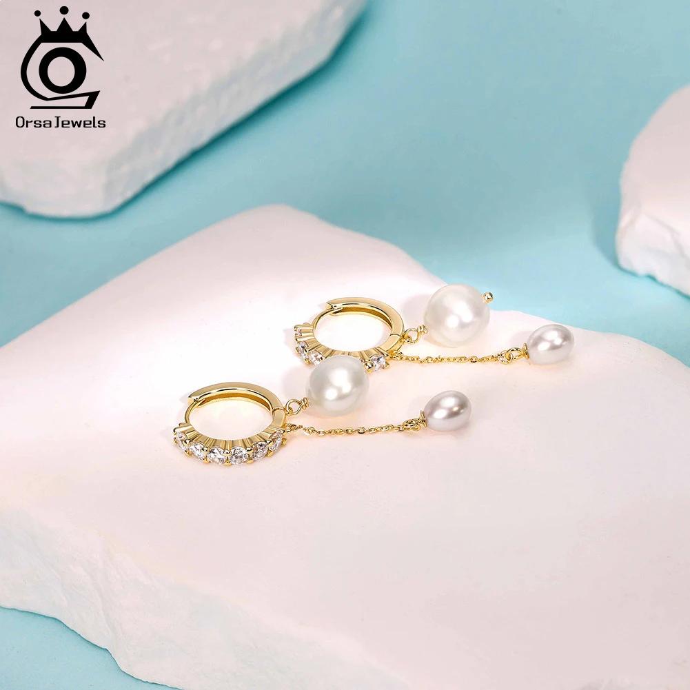 ORSA JEWELS 14K Gold 925 Sterling Silver Dangle Pearl Earrings with Handpicked Natural Baroque Pearl for Women Jewelry GPE126