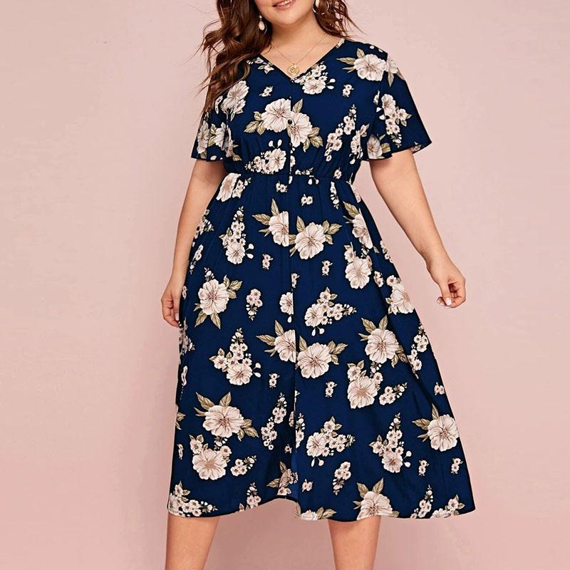 

Платье женское большого размера с цветочным принтом, V-образным вырезом и короткими рукавами, европейско-американская талия, свободная юбка-миди с разрезом из шифона XXXL тёмно-синий