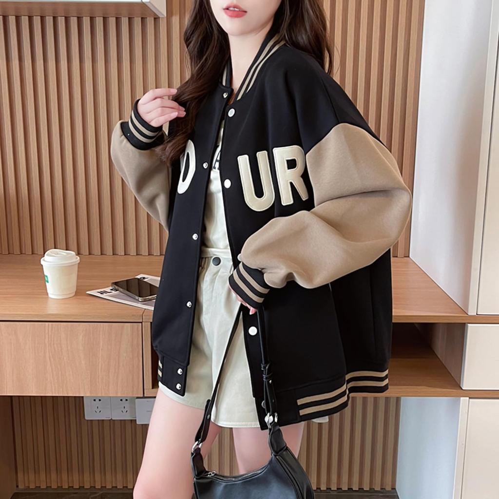 JIYUTOR Long Sleeve Stadium Thick Track Jacket with English Stylish Oversized Women's Jacket, Print, Sweatshirt, Fit, Fleece-Lined, Two-Tone Design,