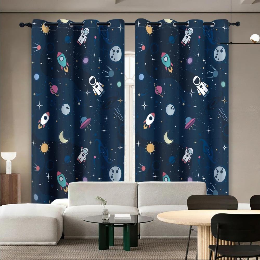 Adorable Astronaut Window Panel Drapes Spaceship Rocket Moon Eyelet Blackout Curtain Galaxy Star Outer Space Curtains for Kids Room Decor