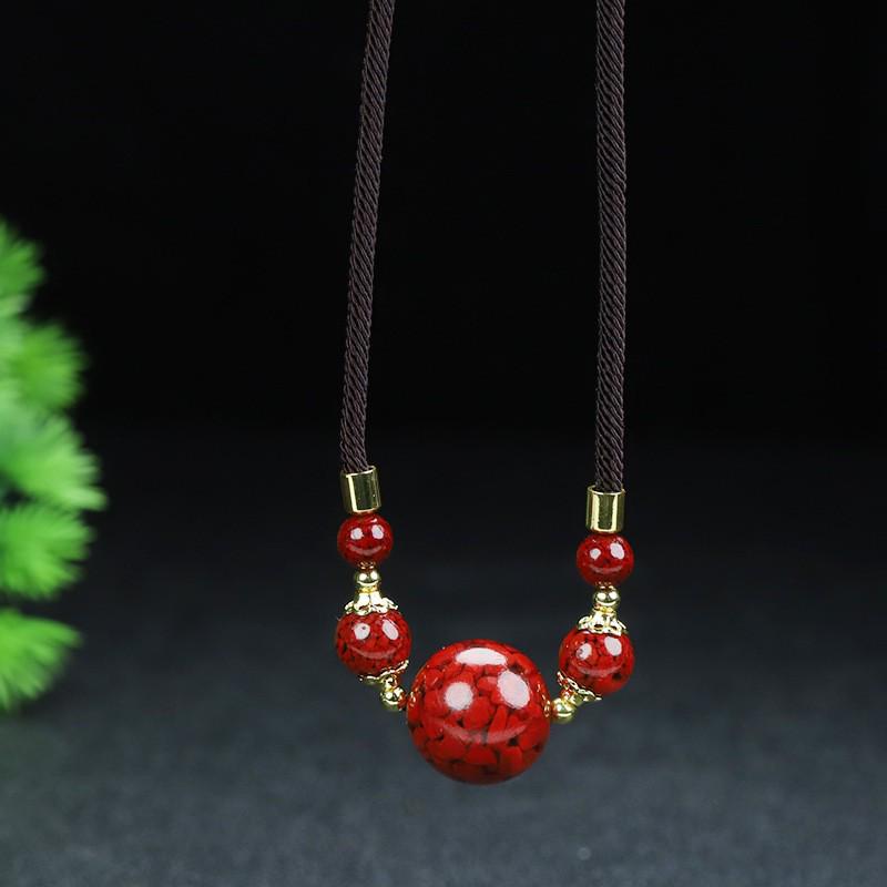 Red Agate Cinnabar Acacia Bean Necklace with Cat's Eye Gold Thread Clavicle Chain.