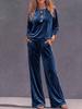 2026 Gold Samt Herbst/Winter Set: Rundhals-Oberteil & High-Waist-Hose mit weitem Bein