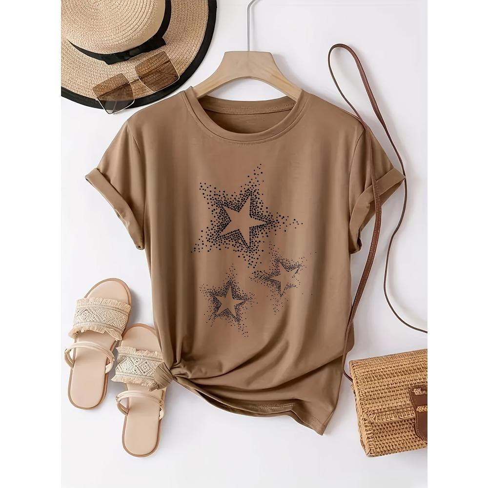 Damen Casual Kurzarm T-Shirt - Schwarz mit Weißem Sternenprint Rundhals Oberteil für Frühling & Sommer Maschinenwaschbar