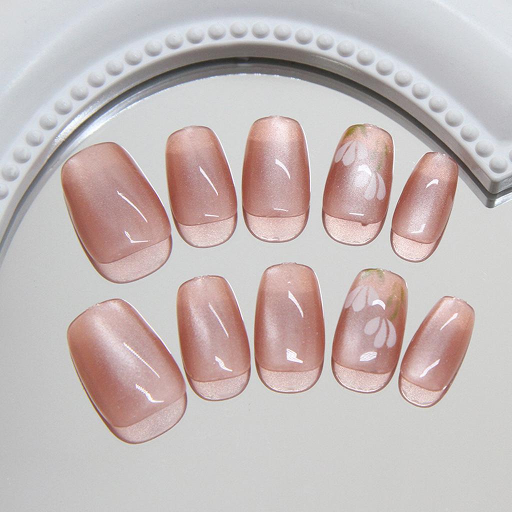 Cat Eye Press on Nails Flower Square Acrylic Fake Nails Reusable Stick on Nails for DIY Nail Art Manicure Decorations