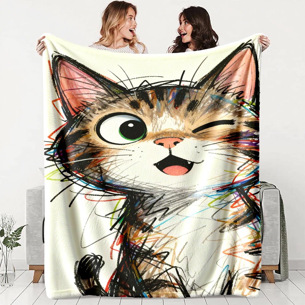 

Graffitistyle winking cute cat Flannel printed blanket suitable for all seasons suitable for living room office sofa and travel 75x100cm