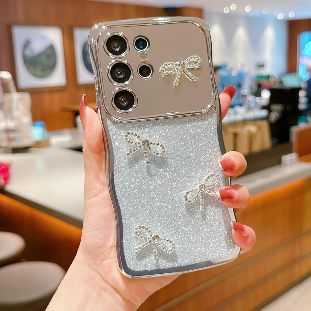 Pro pouzdro Samsung Galaxy S24 Ultra Elektroplátovaný vlnitý rámeček Třpytivý TPU kryt na telefon s ozdobou mašle z kamínků
