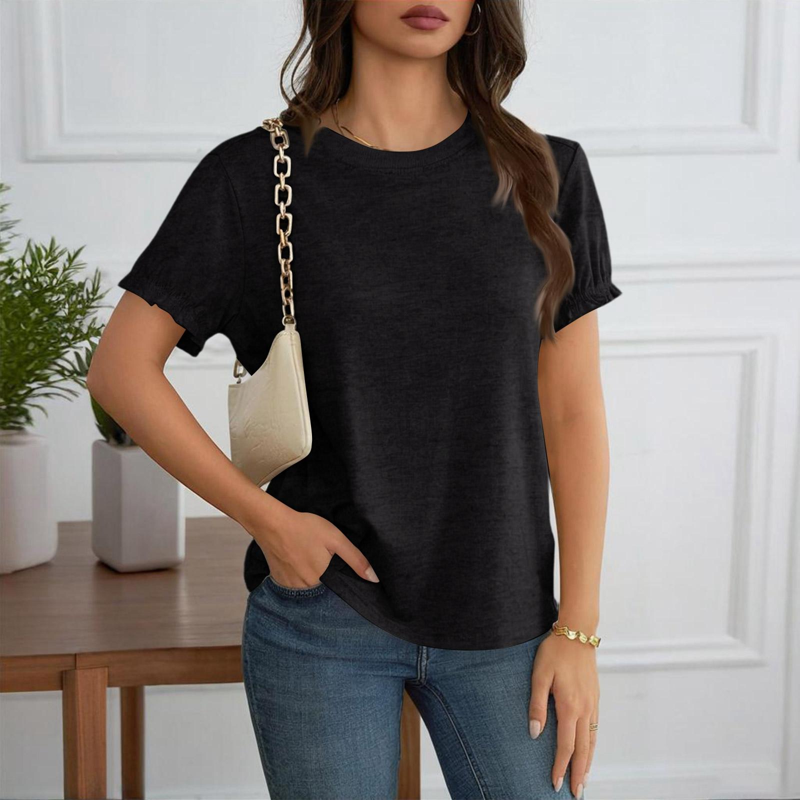 

Women s Fashionable Casual Pleated Short-Sleeved T-Shirt, Summer Round Neck Loose -Shirt Top L чёрный