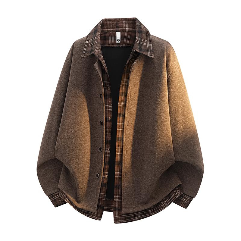Men Fake Two Piece Plaid Spliced Shirt Jacket Loose Lapel Long Sleeve Casual Coat