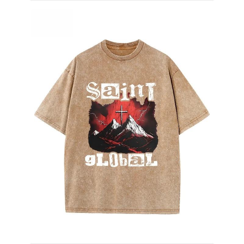 

European Size Men S Washed Cotton T-Shirt - Vintage Industrial Graphic Tee with Bold SAINT Lettering & Mountain Cross Design,Loose Fit Crew Neck Shirt 5XL золотий